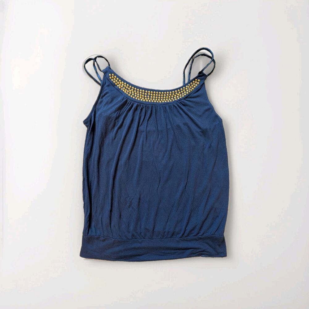 Y2K Women’s L Navy Blue Studded Satiny Spaghetti Strap Tank Top Blouse Decree
